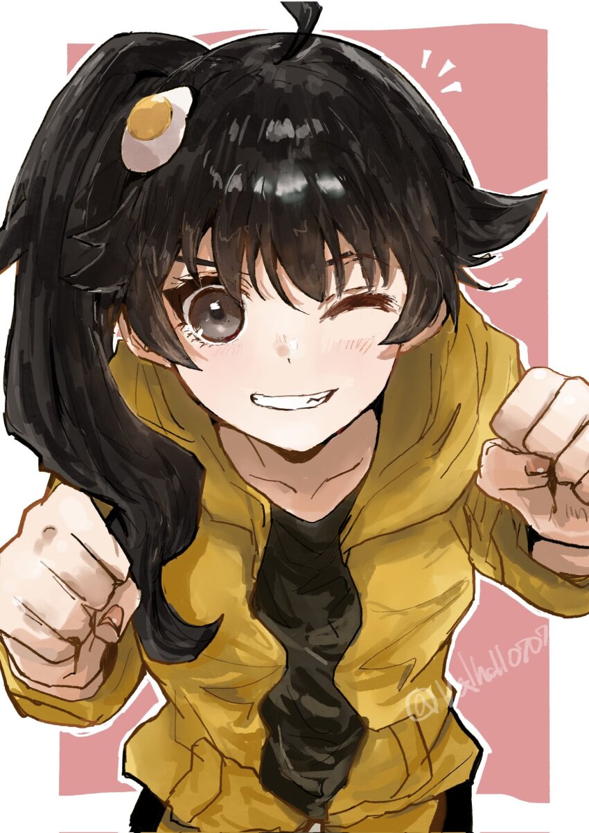 1girl :d ahoge araragi_karen artist_name black_hair black_shirt black_trim blush border brown_eyes clenched_hands collarbone egg_hair_ornament excited food-themed_hair_ornament fried_egg grin hair_between_eyes hair_ornament hands_up highres hood hood_down jacket leaning_forward light_blush long_hair long_sleeves looking_at_viewer monogatari_(series) notice_lines one_eye_closed open_clothes open_jacket open_mouth outline outside_border pants parted_lips pink_background shirt side_ponytail signature simple_background single_vertical_stripe sketch smile solo standing track_pants twitter_username two-tone_pants upper_body valhalla0707 white_border white_outline yellow_jacket yellow_pants