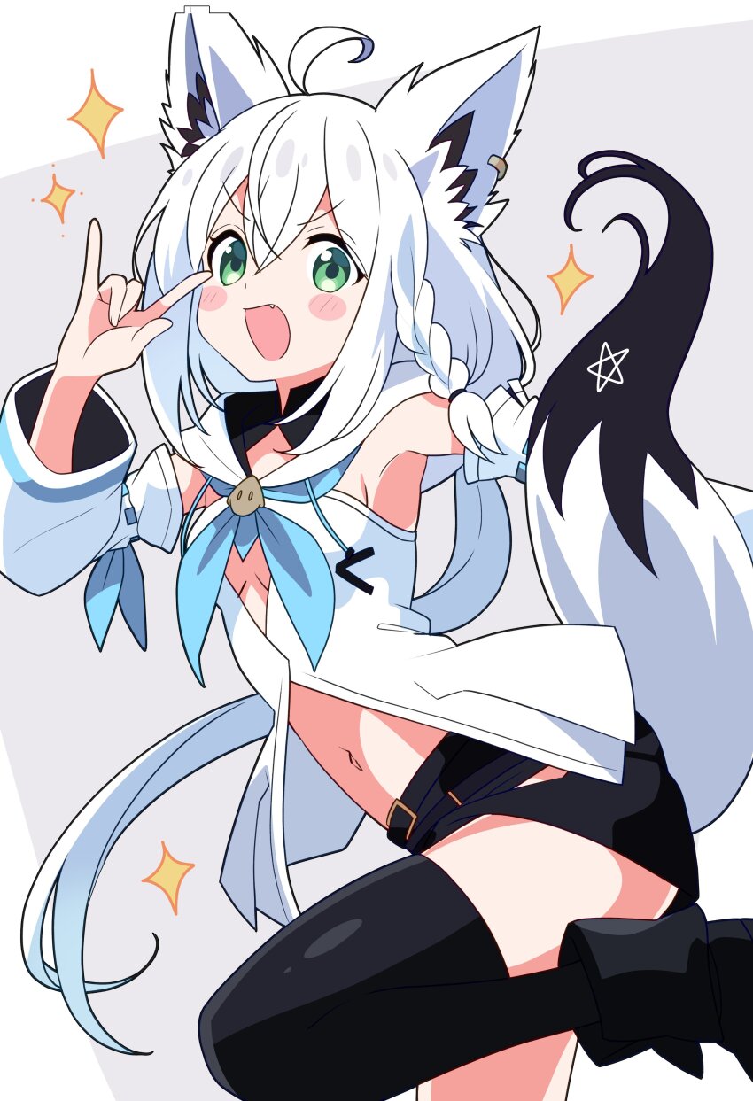 1girl :d \m/ absurdres ahoge animal_ears aqua_neckerchief black_shorts black_thighhighs blush_stickers braid breasts cleavage_cutout clothing_cutout cowboy_shot detached_sleeves dot_nose fang fox fox_ears fox_girl fox_tail green_eyes grey_background hair_between_eyes highres hololive hutaba_haru long_hair long_sleeves looking_at_viewer low_ponytail midriff neckerchief open_mouth shirakami_fubuki shirakami_fubuki_(1st_costume) shirt short_shorts shorts single_thighhigh small_breasts smile solo sparkle standing standing_on_one_leg star_(symbol) tail thighhighs v-shaped_eyebrows very_long_hair virtual_youtuber white_hair white_shirt