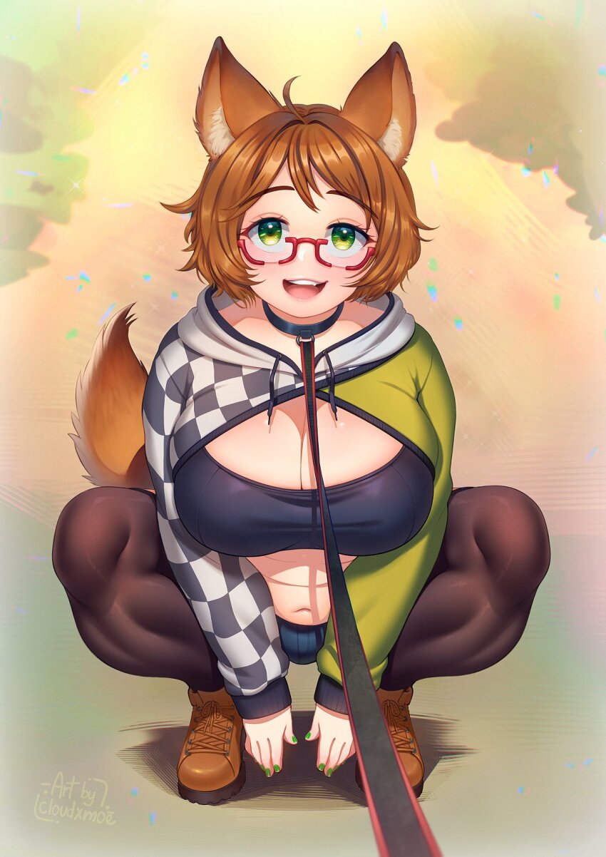 1girl ahoge animal_ear_fluff animal_ears artist_name black_collar breasts brown_footwear brown_hair brown_pantyhose brown_tail cleavage cloudxmoe collar cropped_hoodie dog_girl drawstring edie_crop_hoodie full_body glasses green_eyes green_nails head_tilt highres hood hoodie indie_virtual_youtuber large_breasts leash long_sleeves looking_at_viewer medium_hair meme_attire mint_castella navel open_mouth pantyhose red-framed_eyewear semi-rimless_eyewear shadow solo squatting tail tareme under-rim_eyewear virtual_youtuber