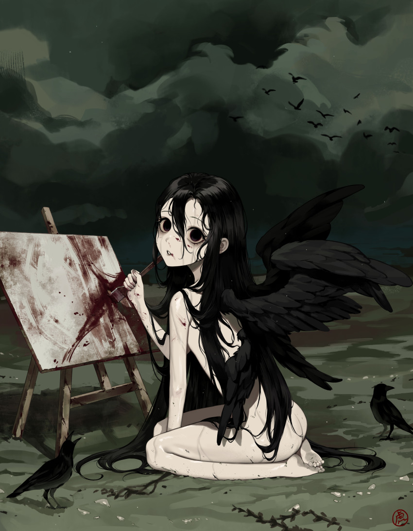 1girl absurdres ass barefoot beach bird black_eyes black_hair black_wings blood blood_on_body blood_on_face canvas_(object) cloud cloudy_sky crow feathered_wings flat_chest flock grey_sky hair_between_eyes highres holding holding_knife k_hottok knife long_hair multiple_wings nude original pale_skin parted_lips seiza sitting skinny sky solo very_long_hair water wings