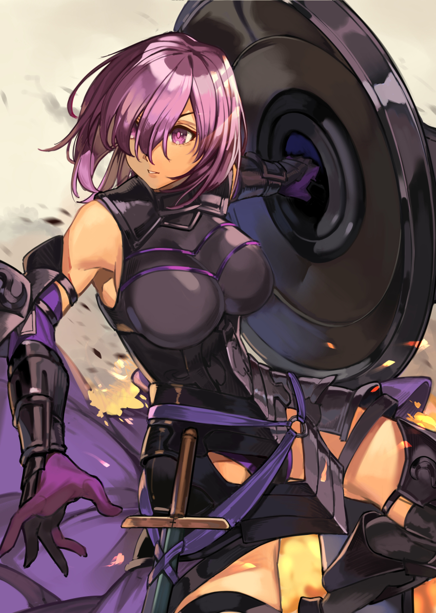 1girl absurdres alwaysregg armor armored_boots armored_leotard black_armor boobplate boots breastplate commentary detached_sleeves fate/grand_order fate_(series) gauntlets gloves highres holding holding_shield holding_weapon leotard mash_kyrielight mash_kyrielight_(demi-servant) parted_lips purple_eyes purple_gloves purple_hair purple_leotard shield short_hair solo sword weapon