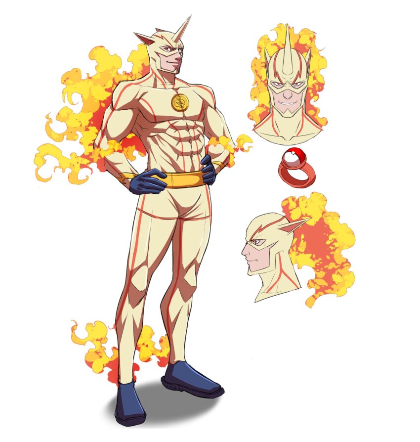 1boy abs animal_ears belt blue_footwear bodysuit character_sheet creatures_(company) dc_comics fake_animal_ears fiery_tail fire full_body game_freak gen_1_pokemon hands_on_own_hips highres horns jewelry long_hair looking_at_viewer male_focus mask muscular muscular_male mythallica nintendo personification pokemon pyrokinesis rapidash red_eyes ring single_horn smile superhero_costume tail the_flash the_flash_(series)