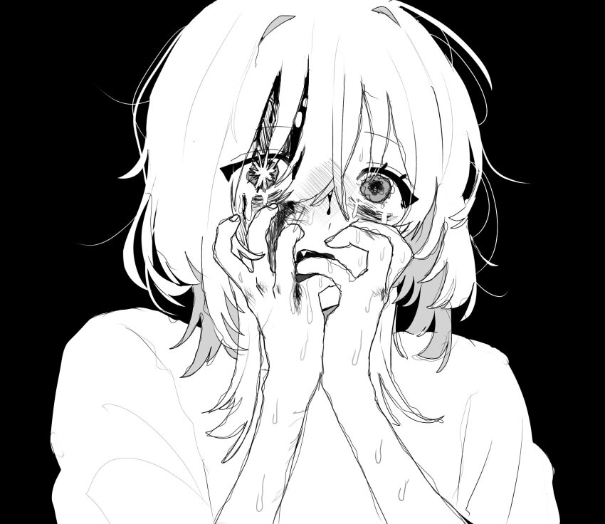 1girl bags_under_eyes black_background blood blood_on_face crying crying_with_eyes_open fang greyscale hair_between_eyes hanataro_(sruvhqkehy1zied) hands_up highres injury looking_at_viewer medium_hair messy_hair monochrome open_mouth original shirt simple_background solo sweat tears upper_body