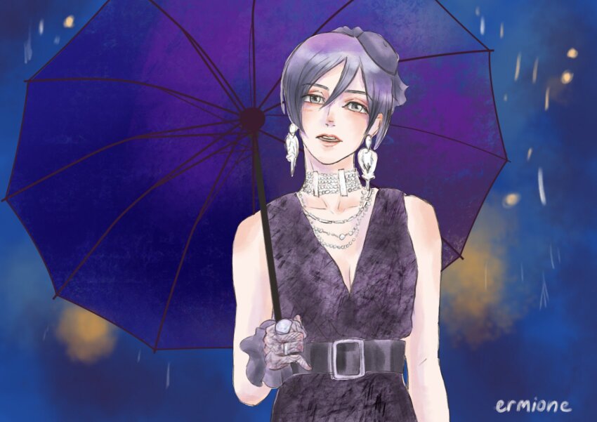 1girl artist_name belt black_dress black_hair blackpink choker commentary dress earrings ermioney eyeshadow gloves hair_between_eyes hat highres holding holding_umbrella jewelry looking_at_viewer makeup mikasa_ackerman necklace parted_lips ring shingeki_no_kyojin short_hair sleeveless sleeveless_dress solo umbrella