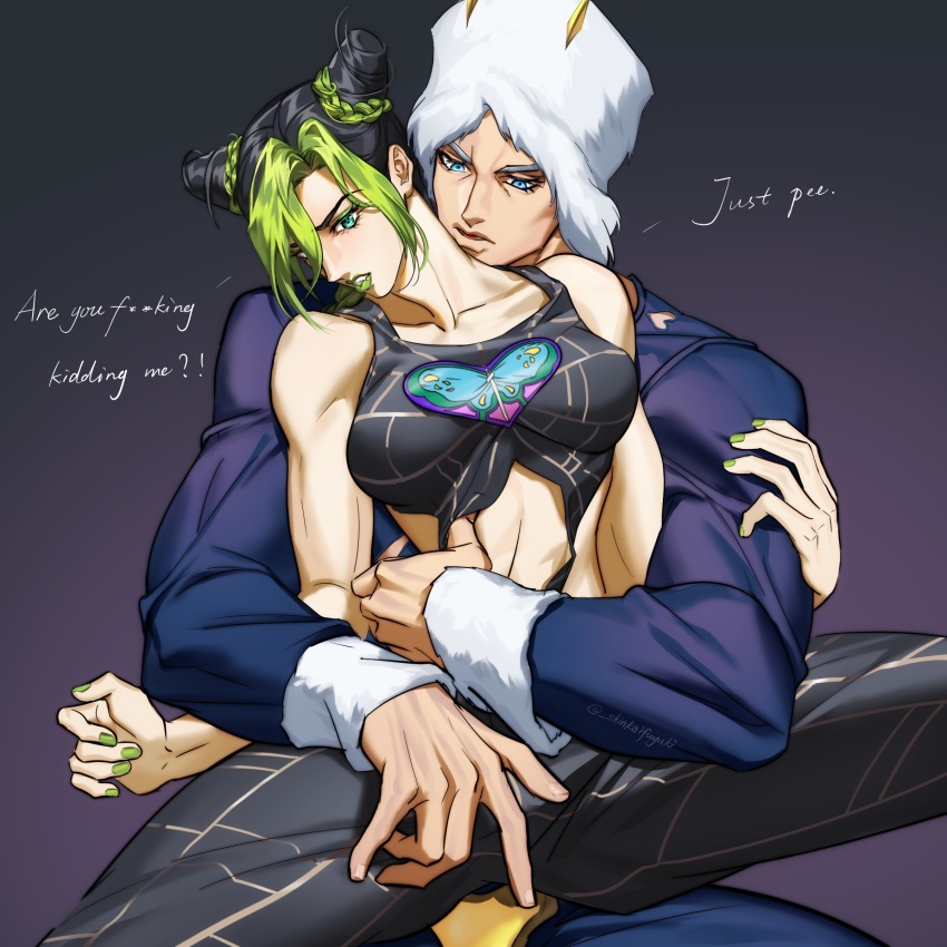 1boy 1girl absurdres aqua_eyes black_background black_hair blue_eyes breasts bun_with_braided_base censored censored_text chinese_commentary commentary_request cone_hair_bun double_bun english_text fur_hat gradient_background green_hair green_nails hair_bun hat highres horned_hat jojo_no_kimyou_na_bouken kuujou_jolyne medium_breasts midriff multicolored_hair parted_lips shinkaifuyuki sitting sitting_on_lap sitting_on_person spread_legs stone_ocean two-tone_hair weather_report white_hat