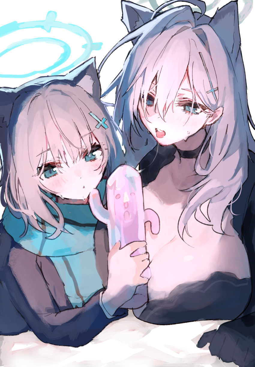 2girls ahoge animal_ear_fluff animal_ears black_choker black_gloves blue_archive blue_eyes blue_halo blue_scarf breasts choker cross_hair_ornament gloves grey_hair hair_between_eyes hair_ornament halo haniwa_(statue) highres holding huge_breasts inusaka long_hair long_sleeves multiple_girls open_mouth saliva saliva_trail scarf shiroko_(blue_archive) shiroko_terror_(blue_archive) teeth upper_teeth_only white_background wolf_ears