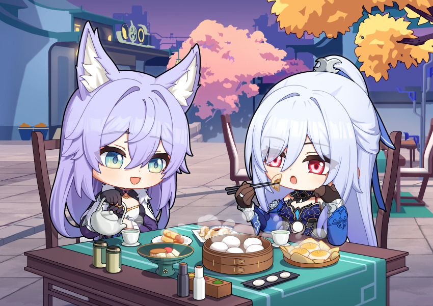 2girls absurdres animal_ear_fluff animal_ears aqua_eyes baiheng_(honkai:_star_rail) bamboo_steamer black_gloves blue_dress blue_hair breasts cavcaz chair chibi chibi_only chinese_clothes chopsticks commentary_request cup dim_sum dot_nose dress eating elbow_rest food fox_ears fox_girl gloves hair_between_eyes hair_intakes high_ponytail highres holding holding_chopsticks holding_food holding_teapot honkai:_star_rail honkai_(series) jingliu_(honkai:_star_rail) long_hair medium_breasts multiple_girls night on_chair open_mouth outdoors ponytail purple_hair red_eyes restaurant sitting steam steamed_bun table tea teacup teapot tree