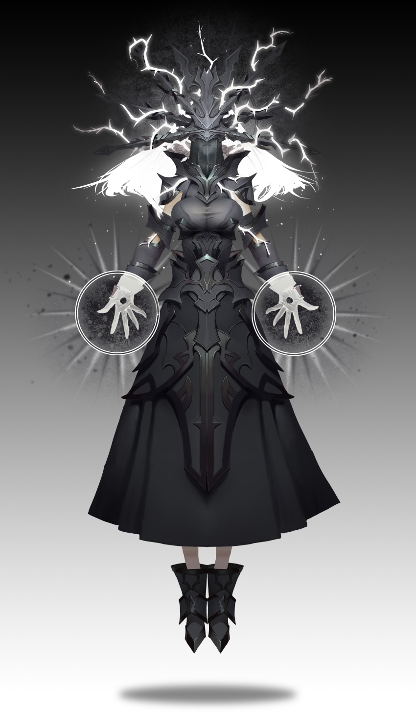 absurdres armor black_dress breasts cleavage dress floating floating_hair glowing glowing_hair highres midfinger mouth_veil original simple_background spiked_helmet veil white_hair