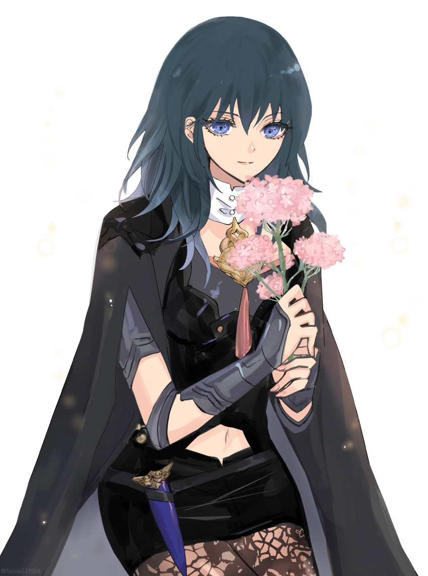 1girl absurdres armor black_armor black_cape black_skirt blue_eyes blue_hair breasts brown_pantyhose byleth_(female)_(fire_emblem) byleth_(fire_emblem) cape commentary_request dagger fingernails fire_emblem fire_emblem:_three_houses flower grey_background hair_between_eyes helen_(helen2210hk) highres holding holding_flower knife lips long_hair looking_at_viewer medium_breasts navel nintendo pantyhose pink_flower pink_lips pink_nails sheath sheathed simple_background skirt smile solo weapon