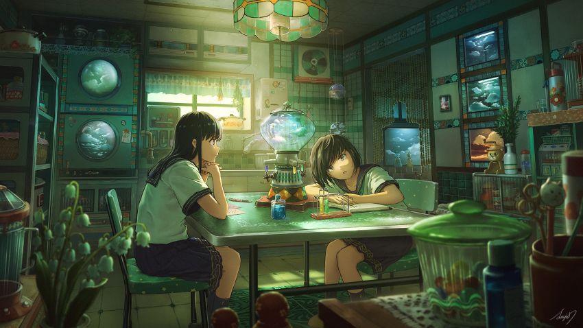 2girls black_skirt bottle brown_hair highres indoors long_hair looking_at_object medium_hair multiple_girls open_mouth original paper pen plant school_uniform short_sleeves sitting skirt sugi87 table test_tube window