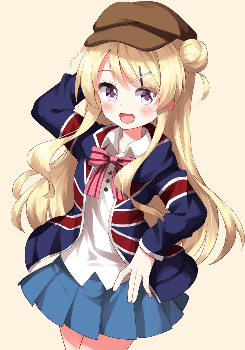 1girl :d arm_behind_head blonde_hair blue_jacket blue_skirt blush bow bowtie brown_hat collared_shirt commentary cowboy_shot hair_bun hair_ornament hat highres jacket kin-iro_mosaic kujou_karen long_hair long_sleeves looking_at_viewer open_clothes open_jacket open_mouth parted_bangs pleated_skirt purple_eyes red_bow red_bowtie ruu_(tksymkw) school_uniform shirt simple_background skirt smile solo striped_bow striped_bowtie striped_clothes white_shirt wing_collar yellow_background