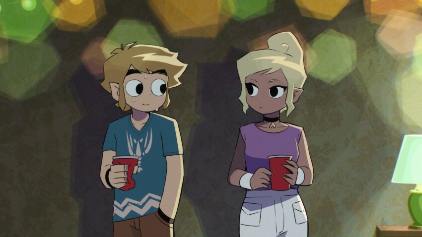 1boy 1girl alternate_costume black_choker black_eyes blonde_hair blue_shirt brown_pants choker closed_mouth commentary_request contemporary cup dark-skinned_female dark_skin disposable_cup expressionless highres holding holding_cup indoors link looking_at_another looking_to_the_side nintendo pants parody pointy_ears purple_shirt scene_reference scott_pilgrim_(series) scott_pilgrim_takes_off senzo6700 shadow shirt short_hair short_sleeves sleeveless sleeveless_shirt smile style_parody sweat tetra the_legend_of_zelda the_legend_of_zelda:_the_wind_waker white_pants