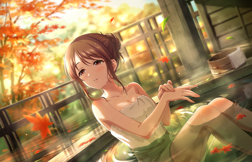 1girl autumn_leaves blurry blurry_background breasts brown_hair cleavage game_cg idolmaster idolmaster_cinderella_girls idolmaster_cinderella_girls_starlight_stage mifune_miyu naked_towel official_art onsen railing red_eyes sitting solo towel tree water wet