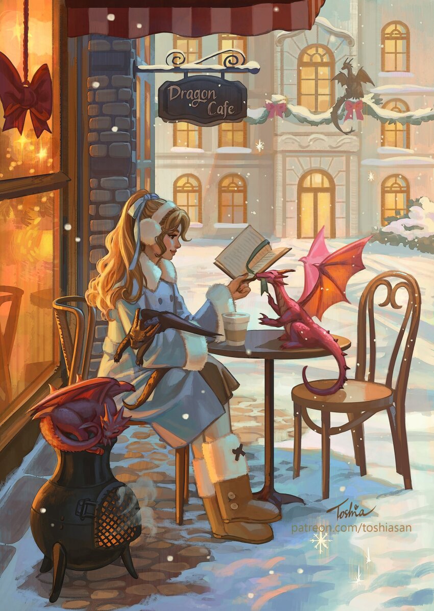 1girl awning blue_bow book bookmark boots bow brick_wall brown_boots building bush cafe cityscape coat cobblestone commentary crossed_legs cup disposable_coffee_cup disposable_cup door dragon earmuffs full_body fur-trimmed_boots fur-trimmed_coat fur_trim garland_(decoration) grey_coat hair_bow highres holding holding_book leggings mouth_hold on_chair open_book original outdoors patreon_username profile reading red_bow red_scales ribbon ribbon_in_mouth road scenery sidelocks sign signature sitting sleeping_animal small_dragon snow snowflakes snowing solo street table toshiasan white_leggings wide_ponytail window wood-burning_stove wooden_chair wooden_table