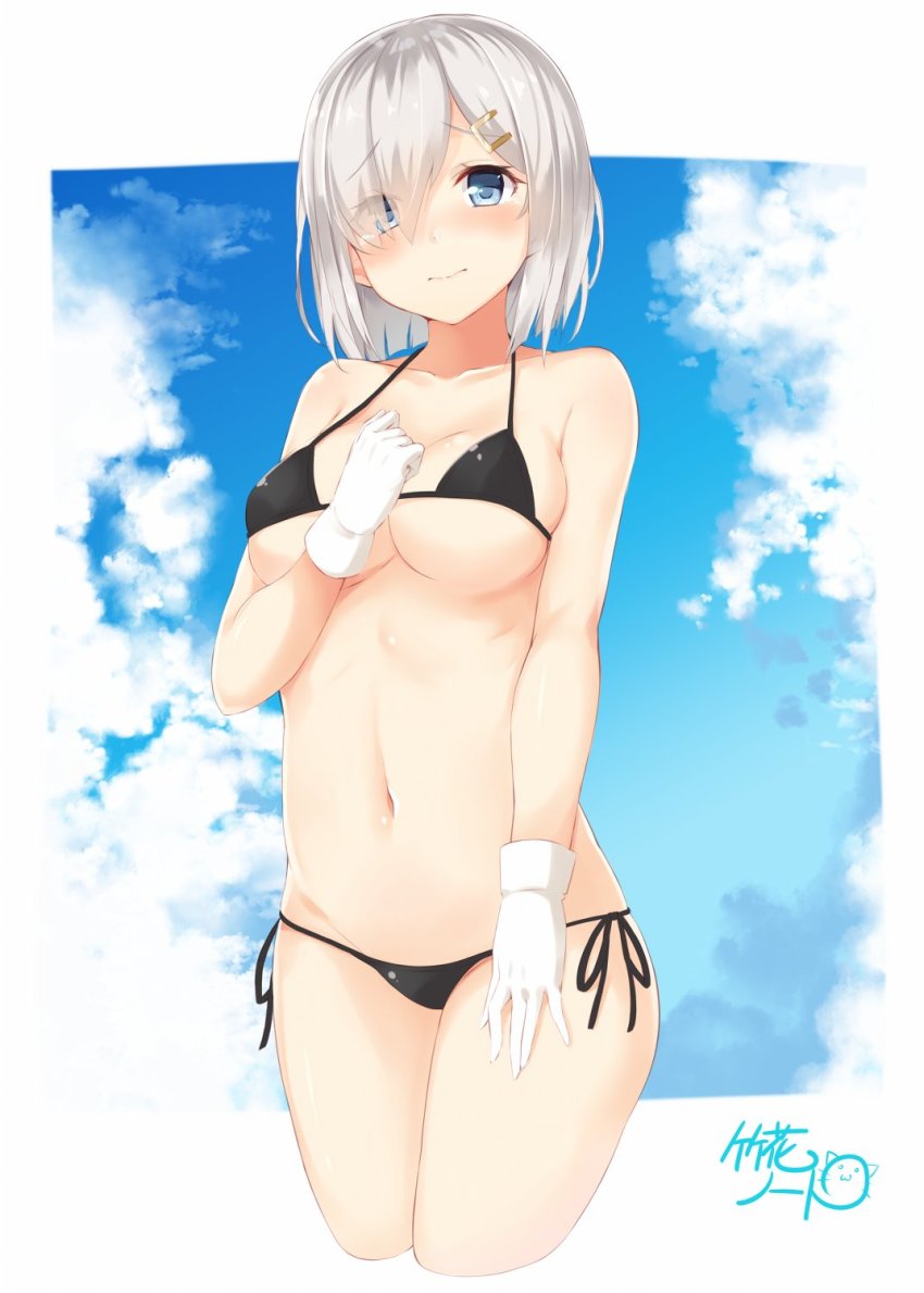 10s 1girl bad_id bad_twitter_id bikini black_bikini blue_eyes blush breasts cleavage cloud cowboy_shot cropped_legs day female_focus gloves hair_ornament hair_over_one_eye hairclip hamakaze_(kancolle) hand_on_own_chest highres kantai_collection looking_at_viewer medium_breasts navel outdoors side-tie_bikini_bottom silver_hair smile solo string_bikini swimsuit takehana_note tears white_gloves