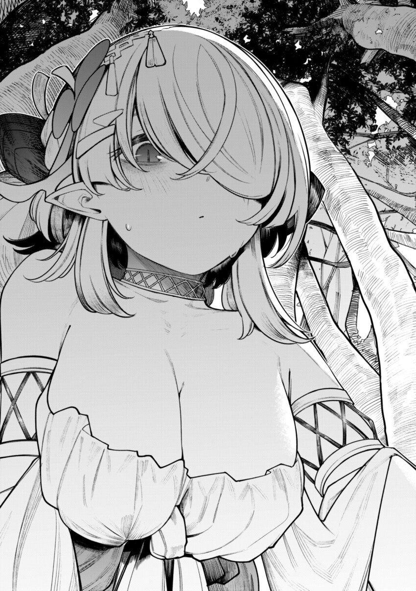 1girl akagi_asahito armlet blush breasts choker cleavage detached_sleeves dress duel_monster forest greyscale hair_over_one_eye highres jewelry large_breasts monochrome nature pointy_ears solo traptrix_pinguicula tree yu-gi-oh!