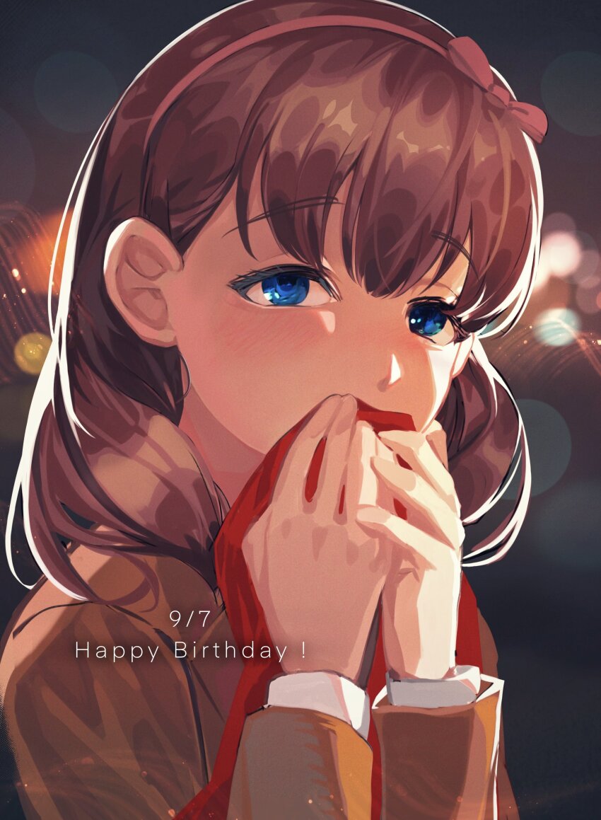 1girl absurdres blue_eyes blush brown_hair commentary_request covering_own_mouth death hairband happy_birthday highres idolmaster idolmaster_cinderella_girls jacket looking_at_viewer medium_hair sakuma_mayu solo takesoboro upper_body