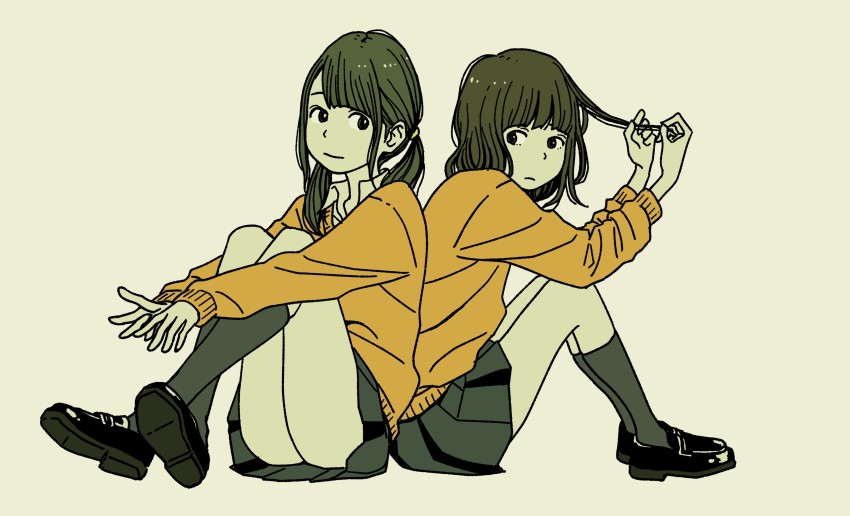 2girls absurdres back-to-back bad_id bad_pixiv_id black_footwear black_socks brown_eyes commentary_request eye_contact full_body highres holding holding_own_hair hosoo hugging_own_legs kneehighs loafers long_hair long_sleeves looking_at_another looking_to_the_side multiple_girls pleated_skirt school_uniform shoes short_hair simple_background sitting skirt socks twintails