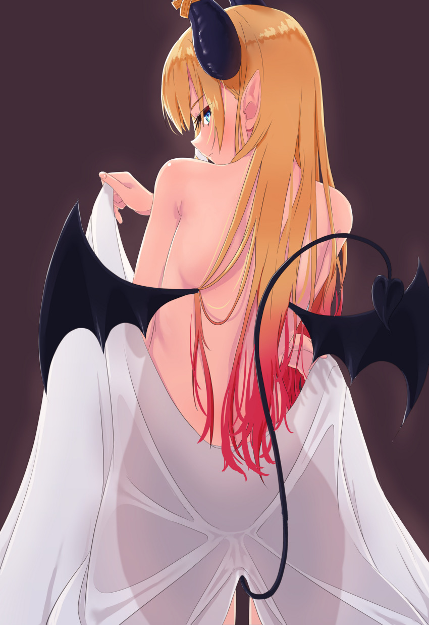 1girl back blonde_hair blue_eyes brown_background closed_mouth commentary cowboy_shot demon_girl demon_horns demon_tail demon_wings from_behind gradient_hair highres hololive horns loeldrive long_hair looking_at_viewer looking_back multicolored_hair naked_robe nude pink_hair pointy_ears robe see-through_silhouette simple_background solo standing tail two-tone_hair undressing virtual_youtuber white_robe wings yuzuki_choco yuzuki_choco_(1st_costume)