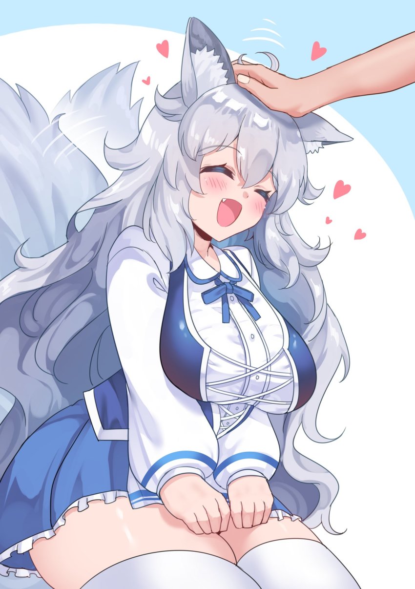 1girl ^_^ animal_ear_fluff animal_ears blue_skirt blush breasts closed_eyes commentary commentary_request english_commentary eyelashes fang grey_hair hair_between_eyes happy headpat heart highres indie_virtual_youtuber large_breasts long_hair lumi_(merryweather) open_mouth rayno second-party_source sidelocks simple_background sitting skindentation skirt smile solo_focus tail tail_wagging thick_thighs thighhighs thighs very_long_hair virtual_youtuber wolf_ears wolf_girl wolf_tail