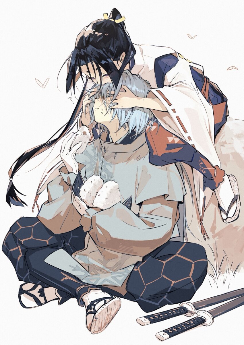 2boys :t black_hair blue_hakama blush butterfly_sitting chewing closed_eyes closed_mouth curtained_hair feet_up floating_hair food food_on_face frilled_sleeves frills full_body gloves grass hair_over_one_eye hakama hand_blush head_back highres holding holding_food houjou_tokiyuki_(nige_jouzu_no_wakagimi) japanese_clothes kariginu katana kiss kissing_forehead knees_up leaning_forward leaning_on_person limited_palette long_hair long_sleeves looking_at_another low-tied_long_hair low_ponytail male_focus motoyui multiple_boys narrowed_eyes nige_jouzu_no_wakagimi onigiri parted_hair purple_eyes red_hakama ribbon-trimmed_sleeves ribbon_trim rice rice_on_face rock sandals sidelocks_tied_back simple_background simple_bird sitting snowflake_print sword tabi very_long_hair weapon white_background white_gloves wolf_cut xiao_(creation0528) yaoi zouri