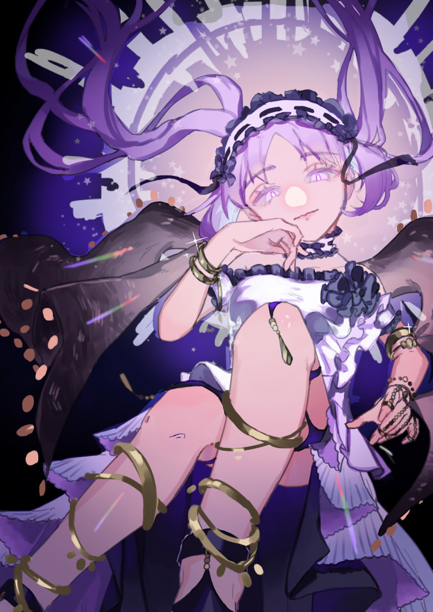 1girl bracelet dress fate/grand_order fate_(series) floating_hair gold_bracelet headdress highres jewelry long_hair looking_at_viewer purple_hair solo stheno_(fate) tomoyoshi twintails very_long_hair white_dress