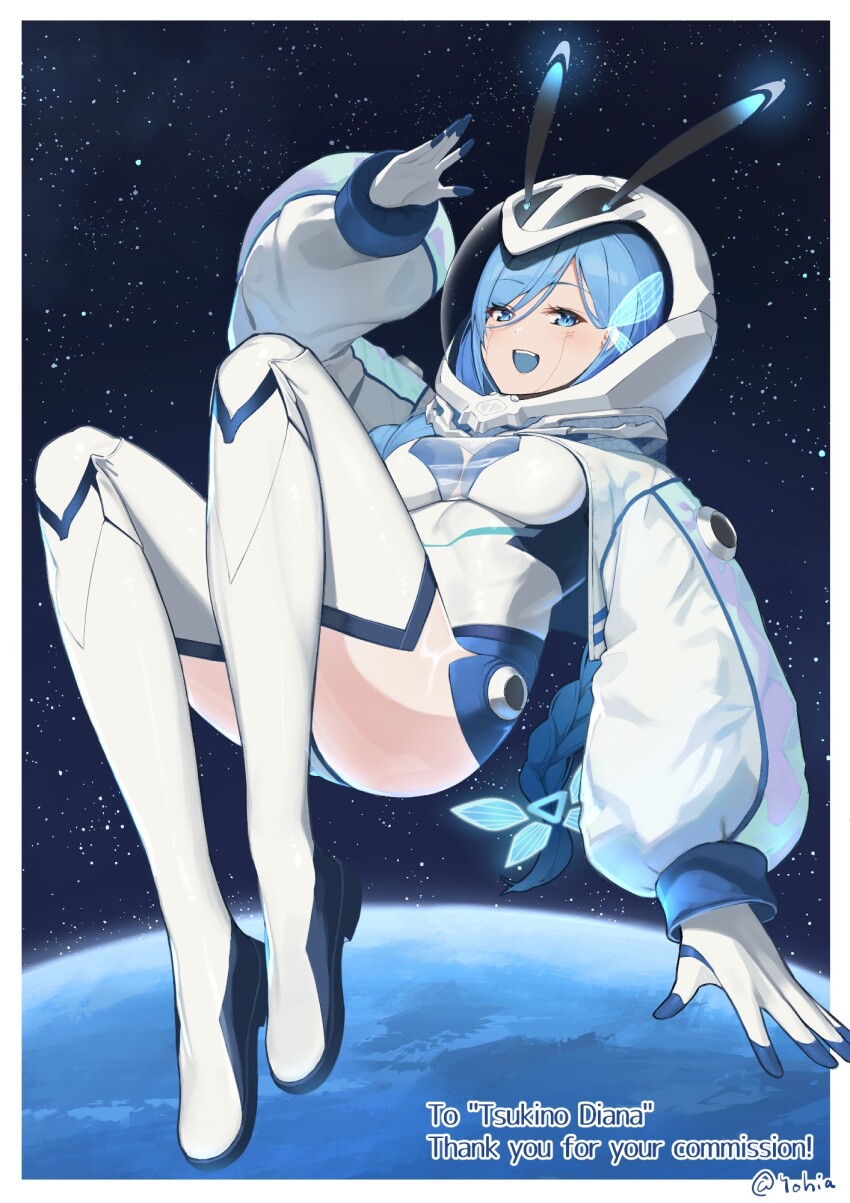 1girl antennae bad_link blue_eyes blue_hair blue_tongue bodysuit boots braid braided_ponytail breasts bug butterfly butterfly_hair_ornament colored_tongue commission earth_(planet) hair_ornament helmet highres indie_virtual_youtuber insect jacket long_hair looking_at_viewer planet single_braid skeb_commission smile solo space space_helmet spacesuit star_(sky) thigh_boots thighs tsukino_diana virtual_youtuber white_boots yohia