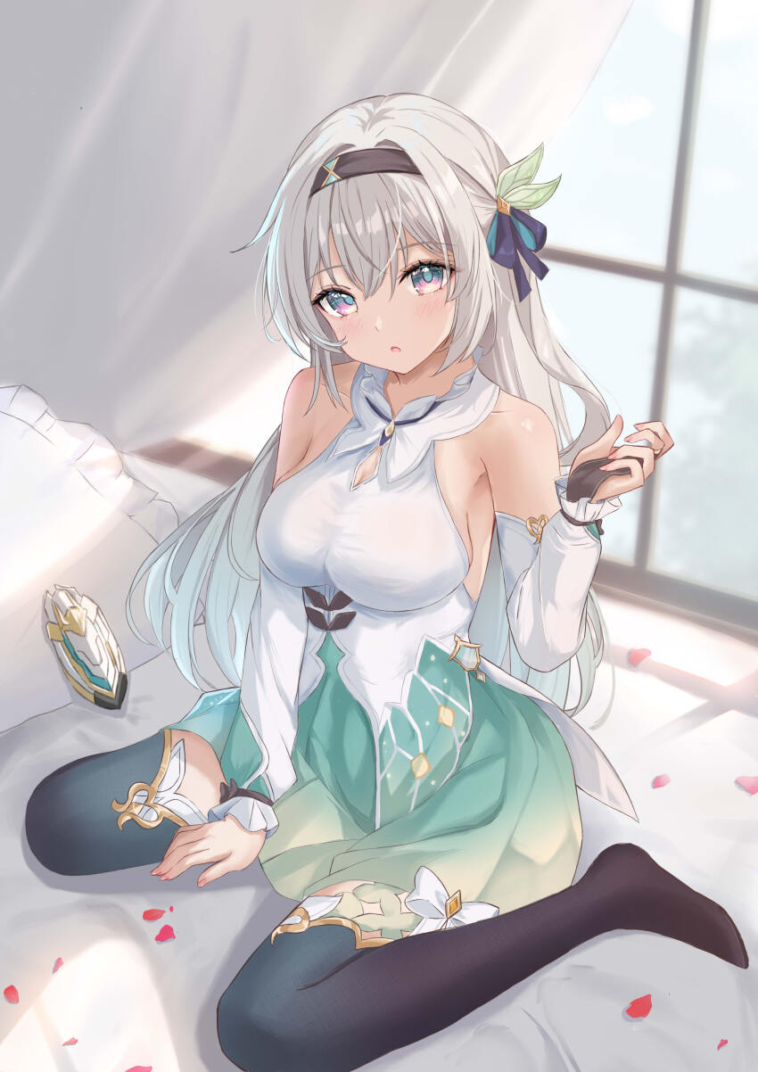 1girl absurdres aqua_skirt bare_shoulders bed between_legs black_bridal_gauntlets black_hairband black_thighhighs blue_pupils breasts bridal_gauntlets cleavage commentary_request curtains detached_sleeves firefly_(honkai:_star_rail) gradient_hair green_hair grey_hair hair_ornament hairband hand_between_legs hand_up highres honkai:_star_rail honkai_(series) indoors large_breasts long_hair looking_at_viewer multicolored_hair no_jacket on_bed open_mouth petals shirt single_bridal_gauntlet sitting skirt sleeveless sleeveless_shirt solo thighhighs two-tone_eyes wariza white_shirt window wumin-x