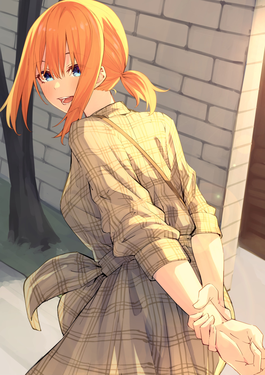 1girl absurdres arms_behind_back blue_eyes blush brown_jacket dating day female_focus go-toubun_no_hanayome half_updo highres holding_hands jacket looking_back medium_hair nakano_yotsuba orange_hair outdoors smile solo standing tamago_sando wall