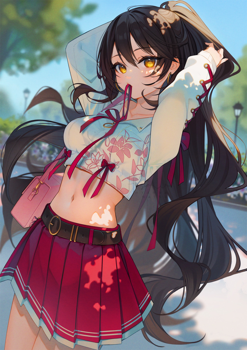 1girl adjusting_hair arms_up art_trade bag belt belt_buckle black_belt black_hair bow breasts buckle collarbone commentary crop_top cropped_jacket dappled_sunlight earrings english_commentary floral_print gold_earrings hair_between_eyes handbag high_ponytail highres hoop_earrings hyanna-natsu jacket jewelry long_hair long_sleeves medium_breasts midriff miniskirt mouth_hold navel orange_eyes original outdoors pink_bag pleated_skirt ponytail red_bow red_ribbon red_skirt ribbon ribbon_in_mouth sidelocks skirt solo sunlight three_quarter_view tying_hair very_long_hair wavy_hair white_jacket white_trim zipper_pull_tab