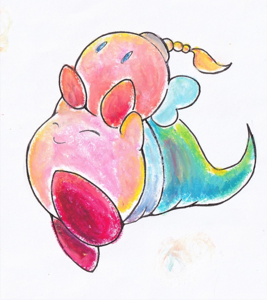 arms_up bombette closed_eyes closed_mouth full_body green_hat hat highres holding kirby kirby_(series) mario_(series) nintendo no_humans ozu_(pixiv) painting_(medium) paper_mario paper_mario_64 simple_background smile solo traditional_media watercolor_(medium) white_background