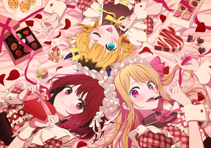 3girls absurdres arima_kana bed_sheet blonde_hair blush box candy chocolate chocolate_heart cookie dress food green_eyes hair_ribbon headdress heart heart-shaped_box heart-shaped_petals highres holding holding_box holding_chocolate holding_food horns hoshino_ruby licking long_hair looking_at_viewer lying magazine_scan mem-cho multiple_girls official_art one_eye_closed open_mouth oshi_no_ko petals pink_dress pink_eyes pink_ribbon red_eyes red_hair red_petals red_ribbon ribbon scan short_hair short_sleeves smile star-shaped_pupils star_(symbol) star_in_eye symbol-shaped_pupils symbol_in_eye teeth tongue white_headdress wrist_cuffs yellow_ribbon