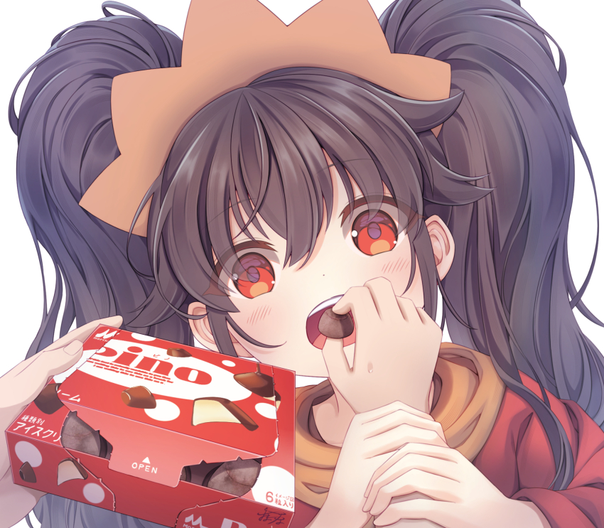 ashley_(warioware) black_hair blush box box_of_chocolates chocolate dress eyes_visible_through_hair fed_by_viewer feeding food hair_between_eyes headband highres holding holding_another&#039;s_wrist holding_box holding_chocolate holding_food long_hair matchamassa necktie nintendo open_box open_mouth orange_headband orange_necktie red_dress red_eyes simple_background twintails warioware