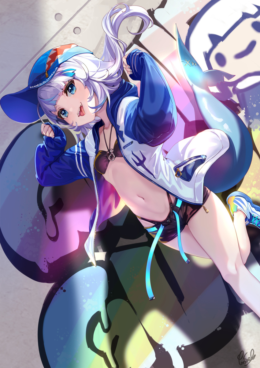 1girl absurdres alternate_costume bare_legs baseball_cap bikini bikini_top_only bikini_under_clothes black_bikini black_shorts blue_eyes blue_hair blue_hat breasts collarbone commentary_request day dutch_angle eyebrows_hidden_by_hair gawr_gura graffiti hat highres hololive hololive_english holomyth jacket long_hair long_sleeves looking_at_viewer multicolored_hair navel open_clothes open_jacket open_mouth outdoors pondel running sharp_teeth shoes short_shorts shorts silver_hair small_breasts sneakers solo stomach streaked_hair swimsuit teeth tongue tongue_out two-tone_hair unzipped upper_body virtual_youtuber wall white_footwear white_jacket zipper_pull_tab