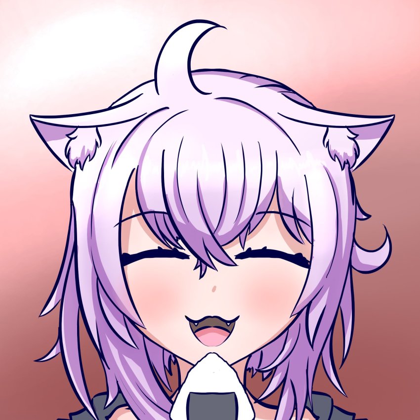 1girl ahoge animal_ear_fluff animal_ears blush cat_ears closed_eyes fangs female_focus food hair_between_eyes happy highres holding holding_food hololive nekomata_okayu onigiri open_mouth portrait purple_hair red_background short_hair solo standing theartistaurora tongue virtual_youtuber