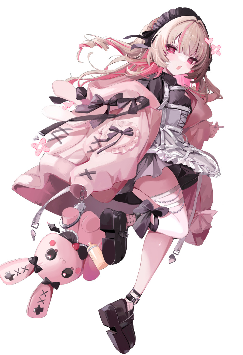 1girl absurdres ankle_ribbon apron baby_bottle black_apron black_ribbon blonde_hair boots bottle commentary_request dot_nose full_body highres jacket leg_belt leg_ribbon leg_up long_hair looking_at_viewer maid_headdress makaino_ririmu makaino_ririmu_(5th_costume) nijisanji no_legwear onodera_nire open_mouth pink_hair pink_jacket red_eyes ribbon simple_background solo standing standing_on_one_leg tachi-e virtual_youtuber white_apron white_background