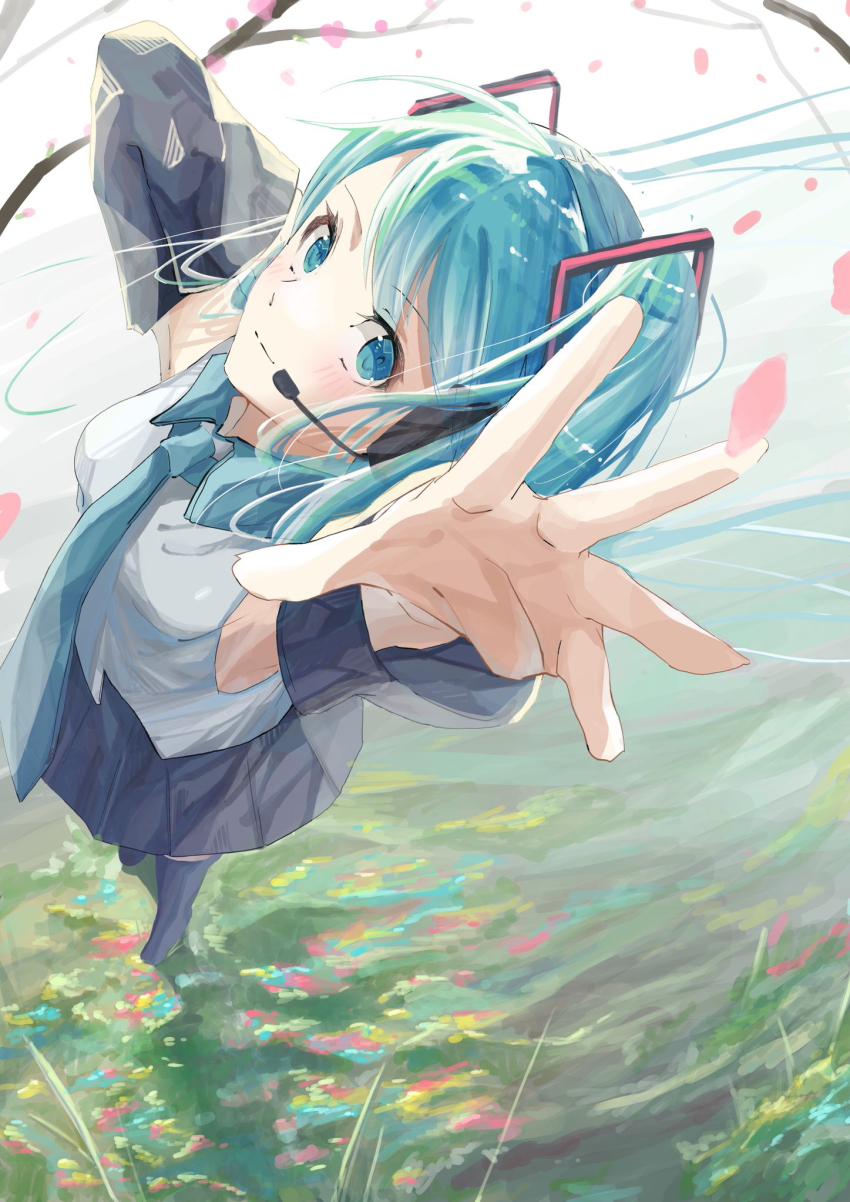 1girl aqua_eyes aqua_hair aqua_necktie black_footwear black_skirt black_sleeves boots breasts closed_mouth collared_shirt detached_sleeves grey_shirt hatsune_miku headphones headset highres long_sleeves necktie petals pleated_skirt shirt shirushi_06 skirt sleeveless sleeveless_shirt smile solo thigh_boots twintails vocaloid