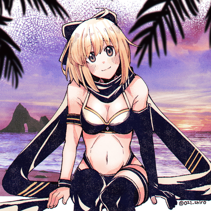 021_shiro 1girl armband beach black_bow bow breast_press breasts cleavage cloud dated elbow_gloves fate/grand_order fate_(series) gloves head_tilt highres legs_together looking_at_viewer medium_hair navel ocean okita_j._souji_(fate) okita_j._souji_(first_ascension)_(fate) okita_souji_(fate) outdoors scarf signature single_glove sitting sky solo swimsuit wristband yellow_eyes