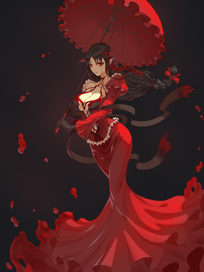 1girl black_hair bloodless_(bloodstained) bloodstained:_ritual_of_the_night bloodstained_(series) breasts cleavage dress highres large_breasts long_hair red_dress red_eyes solo