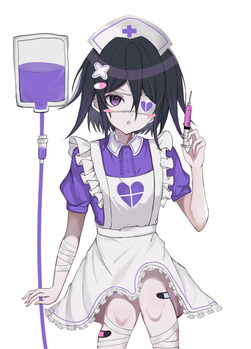 1boy apron arm_support bandaged_arm bandaged_leg bandages bandaid bandaid_on_leg black_hair blush_stickers broken_heart_print collared_shirt commentary crossdressing danganronpa_(series) danganronpa_v3:_killing_harmony eyepatch flipped_hair frilled_apron frills hair_between_eyes hat highres holding holding_needle ika_ringu intravenous_drip invisible_chair knees looking_at_viewer medical_eyepatch needle nurse nurse_cap oma_kokichi one_eye_covered open_mouth pale_skin puffy_short_sleeves puffy_sleeves purple_eyes purple_hair purple_shirt ringed_eyes shirt short_hair short_sleeves sitting symbol-only_commentary trap white_background