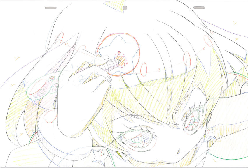 1girl animation_paper close-up color_trace colored_pencil_(medium) commentary_request cure_milky earrings foreshortening from_above hagoromo_lala henshin highres holding holding_pen itaoka1 jewelry key_frame partially_colored pen precure production_art see-through_clothes see-through_sleeves solo star_(symbol) star_color_pen star_earrings star_twinkle_precure traditional_media trim_marks