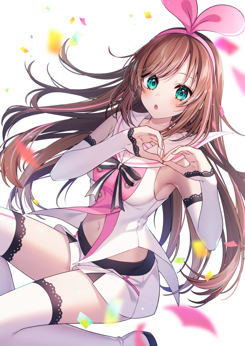 1girl armpits bare_shoulders blue_eyes boots bow bowtie breasts brown_hair confetti detached_sleeves floating_hair hairband heart heart_hands highres kitazume_kumie kizuna_ai kizuna_ai_inc. long_hair long_sleeves looking_at_viewer medium_breasts navel open_mouth pink_hairband sailor_collar shirt short_shorts shorts sleeveless sleeveless_shirt solo stomach thigh_boots thighhighs thighs very_long_hair virtual_youtuber white_footwear white_sailor_collar white_shirt white_shorts white_thighhighs