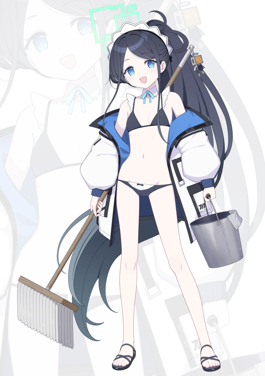 1girl alternate_costume alternate_hairstyle aris_(blue_archive) bell_(oppore_coppore) bikini black_hair blue_archive blue_eyes blush breasts bucket collarbone commentary_request full_body hair_ornament halo highres jacket long_hair looking_at_viewer maid_headdress mop navel ponytail sandals small_breasts solo standing swimsuit white_background