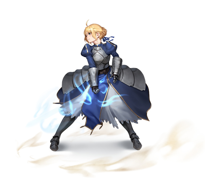 1girl ahoge armor armored_dress artoria_pendragon_(fate) beeeeen blonde_hair blue_dress blue_ribbon braid braided_bun breastplate breasts dress fate/stay_night fate_(series) faulds full_body gauntlets green_eyes hair_bun hair_ribbon highres invisible_air_(fate) juliet_sleeves long_hair long_sleeves looking_at_viewer looking_to_the_side medium_breasts puffy_sleeves ribbon saber_(fate) sidelocks solo sword weapon