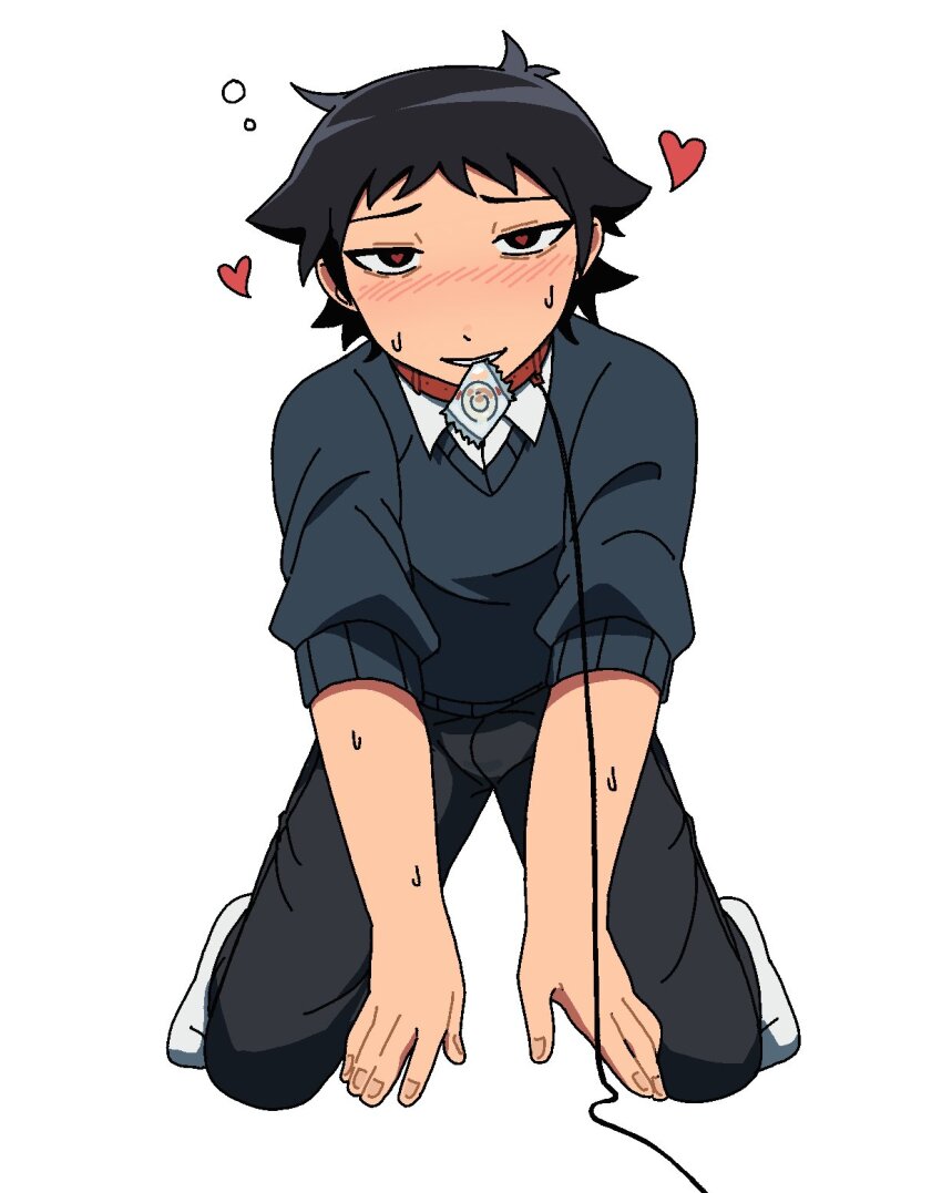 1boy black_eyes black_hair black_pants blue_sweater blush commentary condom condom_in_mouth english_commentary heart heart-shaped_pupils highres jitome kneeling leash looking_at_viewer male_focus mouth_hold pants pet_play scott_pilgrim_(series) short_hair simple_background solo sweat sweater symbol-shaped_pupils wallace_wells warambling white_background