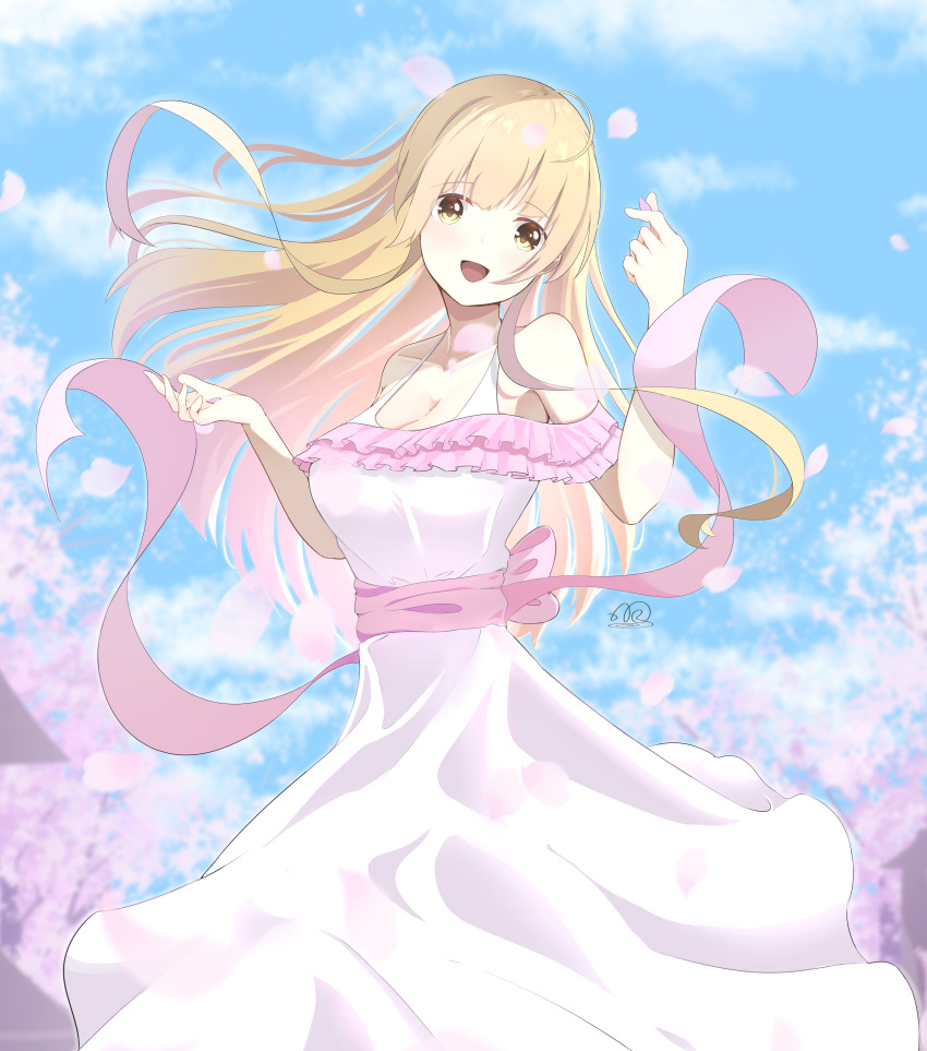 1girl absurdres ahoge bare_shoulders belt blonde_hair breasts cherry_blossoms cleavage collarbone dress falling_petals frilled_dress frills hand_up highres large_breasts long_hair looking_at_viewer open_mouth otonari_no_tenshi-sama_ni_itsu_no_mani_ka_dame_ningen_ni_sarete_ita_ken outdoors petals pink_belt shiina_mahiru_(otonari_no_tenshi-sama) signature sleeveless sleeveless_dress solo white_dress yellow_eyes yue_(user_csgz8434)