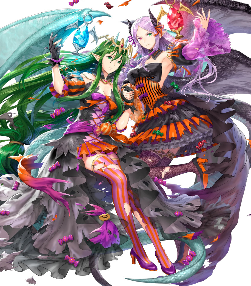 2girls alternate_costume black_gloves breasts candy cleavage cookie costume dragon_girl dragon_tail dragon_wings dress female_focus fire_emblem fire_emblem:_new_mystery_of_the_emblem fire_emblem:_shadow_dragon fire_emblem:_the_binding_blade fire_emblem_heroes food frilled_dress frilled_skirt frills gloves green_eyes green_hair halloween halloween_costume heterochromia high_heels highres idunn_(fire_emblem) idunn_(halloween)_(fire_emblem) in-franchise_crossover jack-o&#039;-lantern large_breasts long_hair matching_hair/eyes multiple_girls nagi_(fire_emblem) nagi_(halloween)_(fire_emblem) nintendo non-web_source official_alternate_costume official_art pointy_ears red_eyes skirt striped_clothes striped_thighhighs tail thighhighs torn_clothes torn_gloves torn_thighhighs trait_connection wings zettai_ryouiki