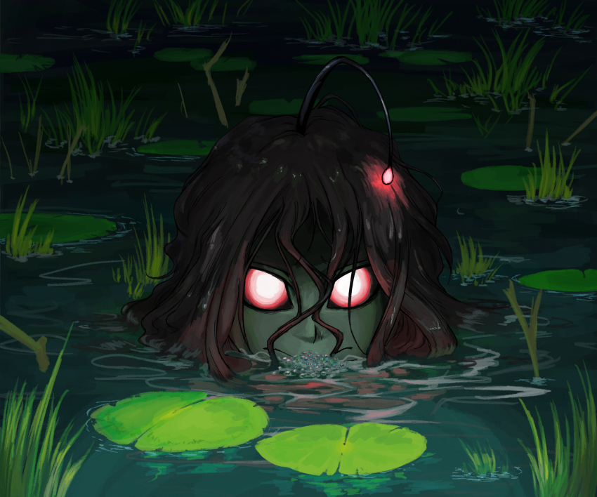 1girl bioluminescence brown_hair colored_skin glowing green_skin highres lily_pad monster_girl mouth_submerged mouth_under_water night original outdoors pond red_eyes solo water zomboyaku