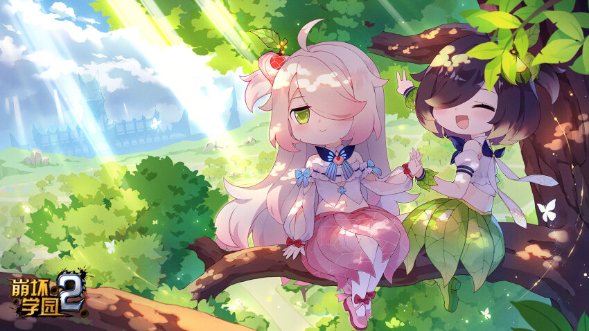 2girls benghuai_xueyuan blush character_name chibi closed_mouth cloud copyright_name flower green_eyes green_footwear hair_ornament hair_over_one_eye highres holding_hands honkai_(series) leaf_skirt logo multiple_girls navel official_art on_branch one_eye_closed open_mouth pink_flower second-party_source shoes sitting sitting_on_branch smile tree