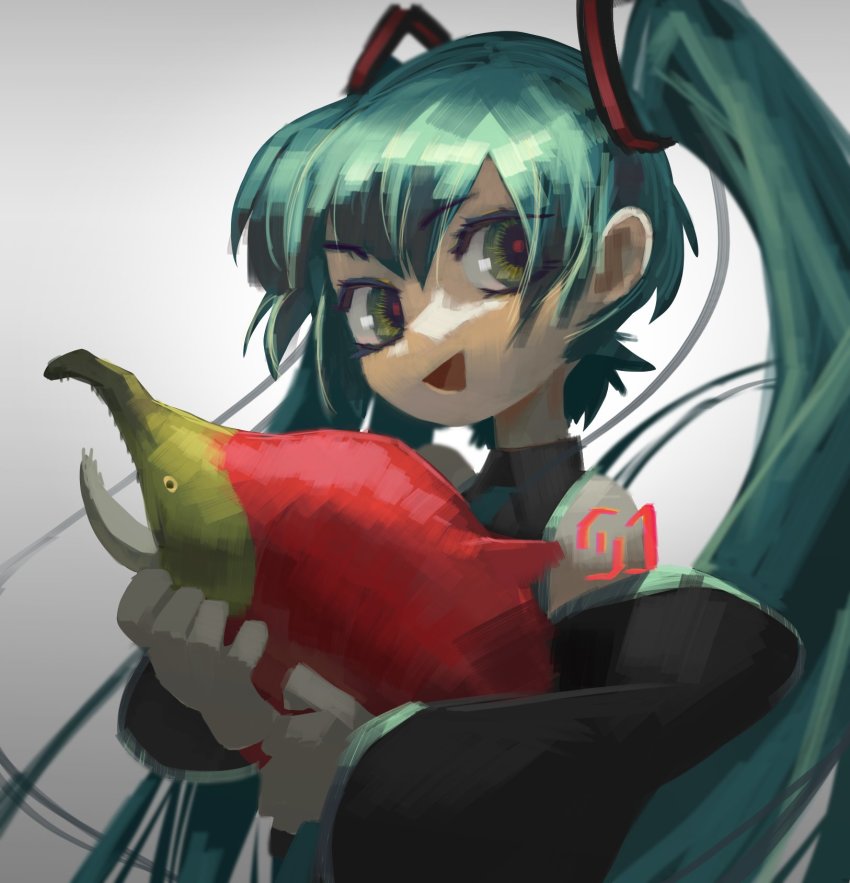 1girl animal black_sleeves commentary detached_sleeves english_commentary fish green_eyes green_hair hair_ornament hatsune_miku highres holding holding_animal holding_fish long_hair open_mouth salmon_(fish) shoulder_tattoo smile solo tattoo topdylan twintails upper_body very_long_hair vocaloid white_background